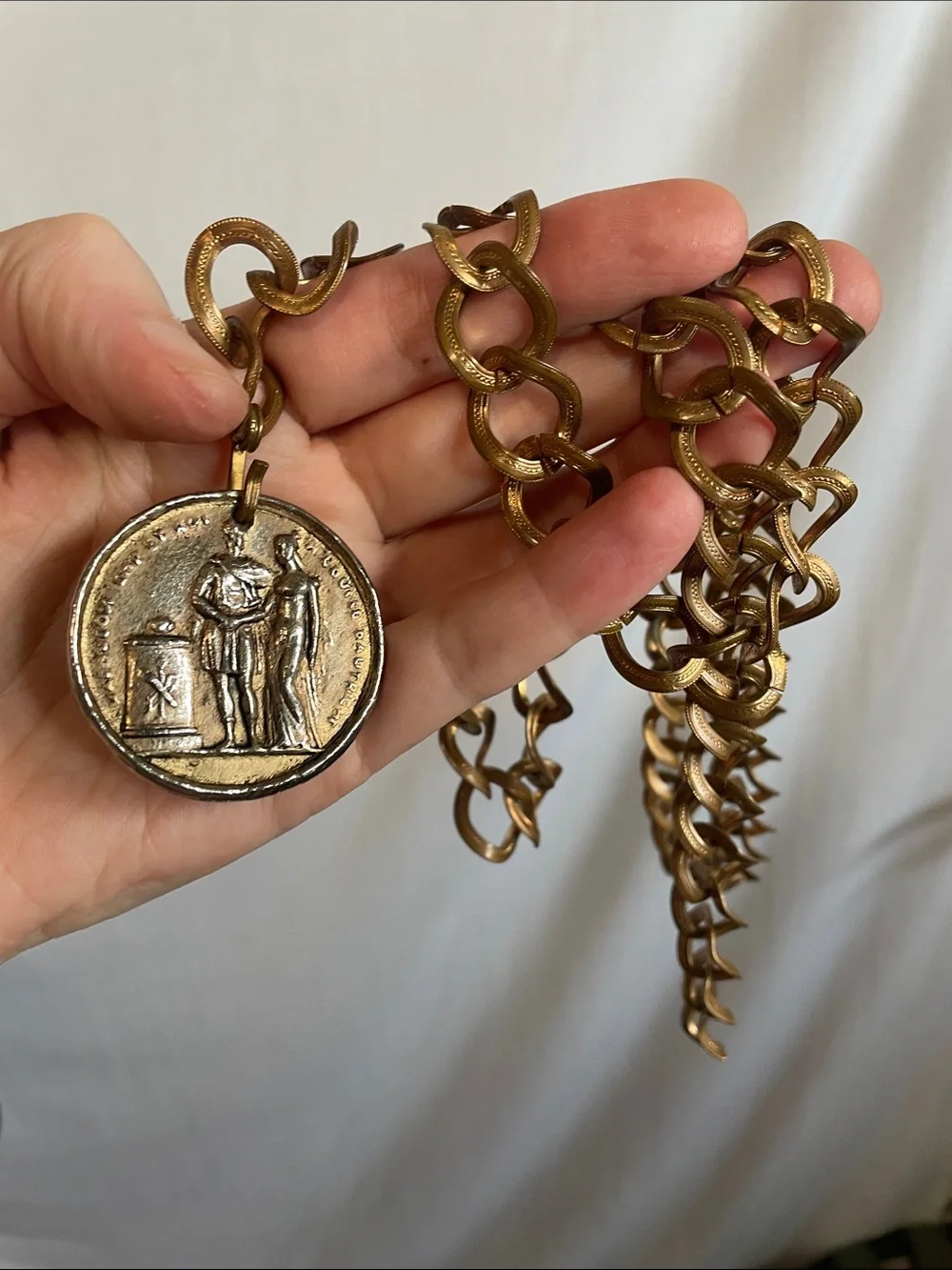 Vintage Antique Coin Pendant Chain Necklace belt in Brass Tone